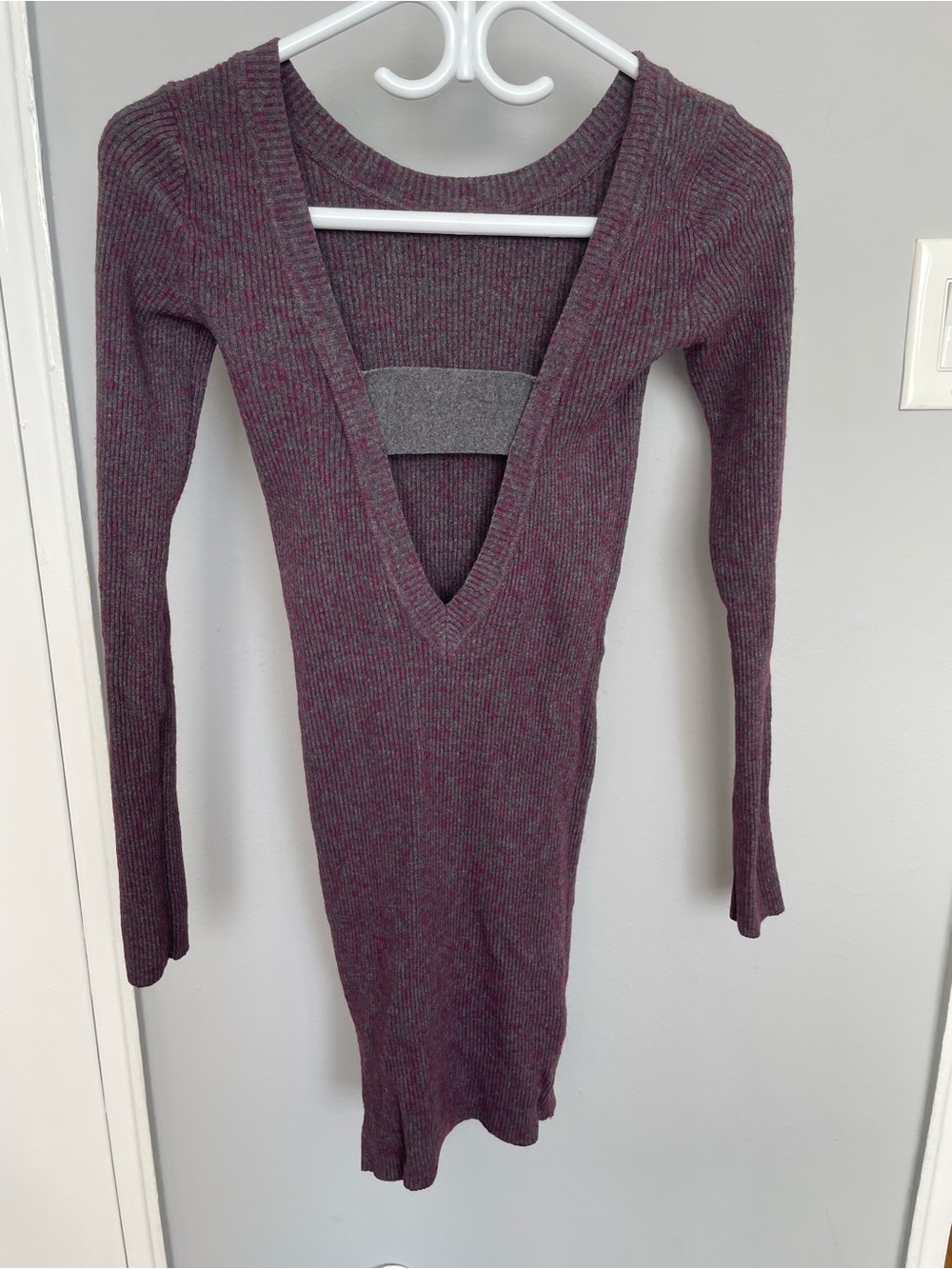 Armani Exchange Deep V Ribbed Bodycon Dress in Plum Heather